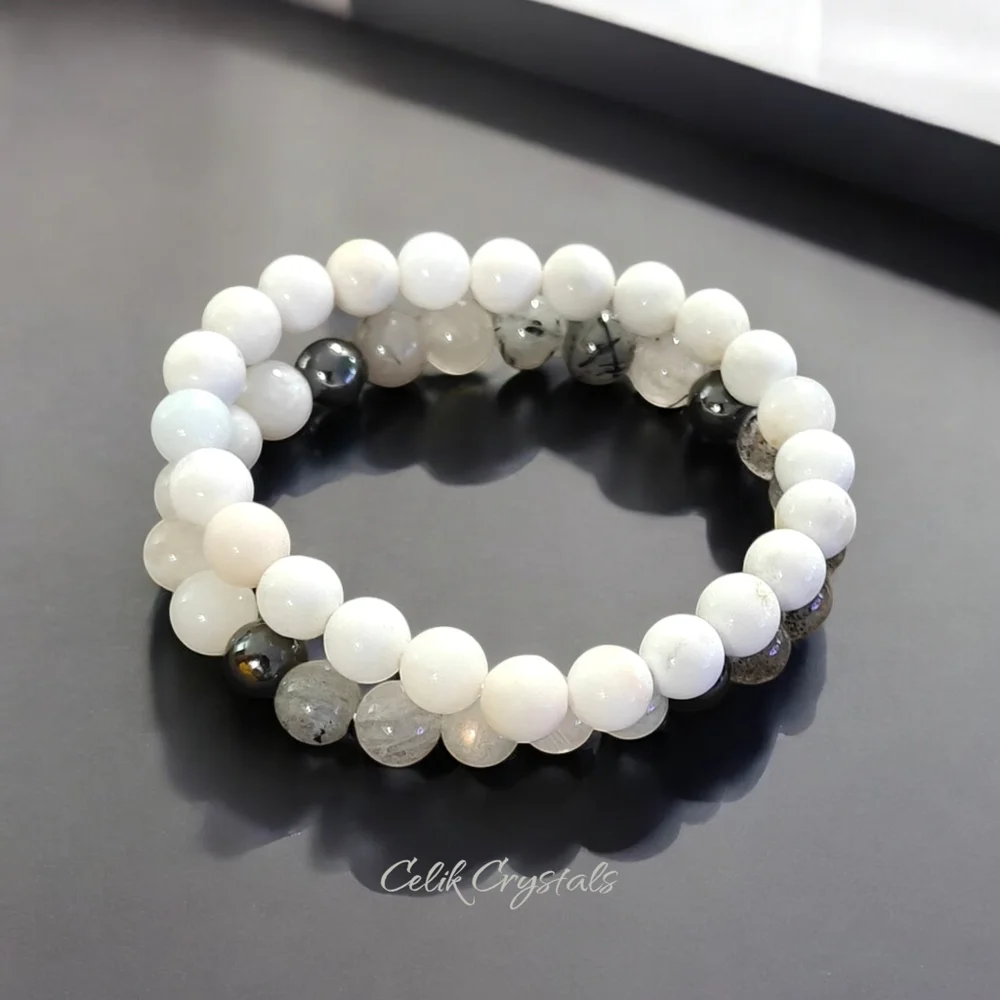 White Opal Crystal Stack - 8mm Unisex Natural Stones Handmade Stretch Beads - Picture 3 of 5
